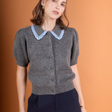 Lace Trimmed Puff Sleeve Knit Cardigan