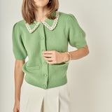 Lace Trimmed Puff Sleeve Knit Cardigan
