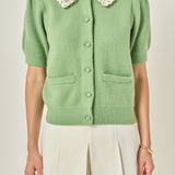 Lace Trimmed Puff Sleeve Knit Cardigan