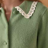 Lace Trimmed Puff Sleeve Knit Cardigan