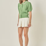 Lace Trimmed Puff Sleeve Knit Cardigan