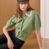 Lace Trimmed Puff Sleeve Knit Cardigan