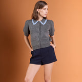 Lace Trimmed Puff Sleeve Knit Cardigan