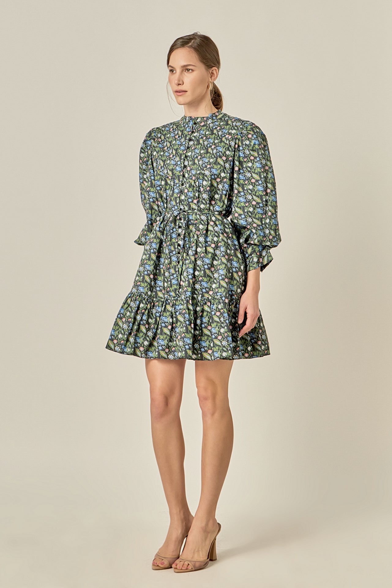 English Factory Floral Print Pintuck Smocked Mini Dress