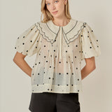 Scalloped Collar Sheer Polka Dot Blouse
