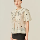 Scalloped Collar Sheer Polka Dot Blouse