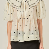 Scalloped Collar Sheer Polka Dot Blouse