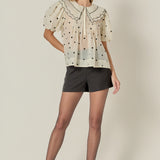 Scalloped Collar Sheer Polka Dot Blouse