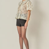 Scalloped Collar Sheer Polka Dot Blouse