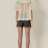 Scalloped Collar Sheer Polka Dot Blouse