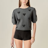 Rhinestone Bow Puff Sleeve Knit Top