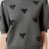 Rhinestone Bow Puff Sleeve Knit Top