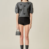 Rhinestone Bow Puff Sleeve Knit Top
