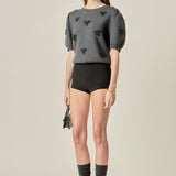 Rhinestone Bow Puff Sleeve Knit Top