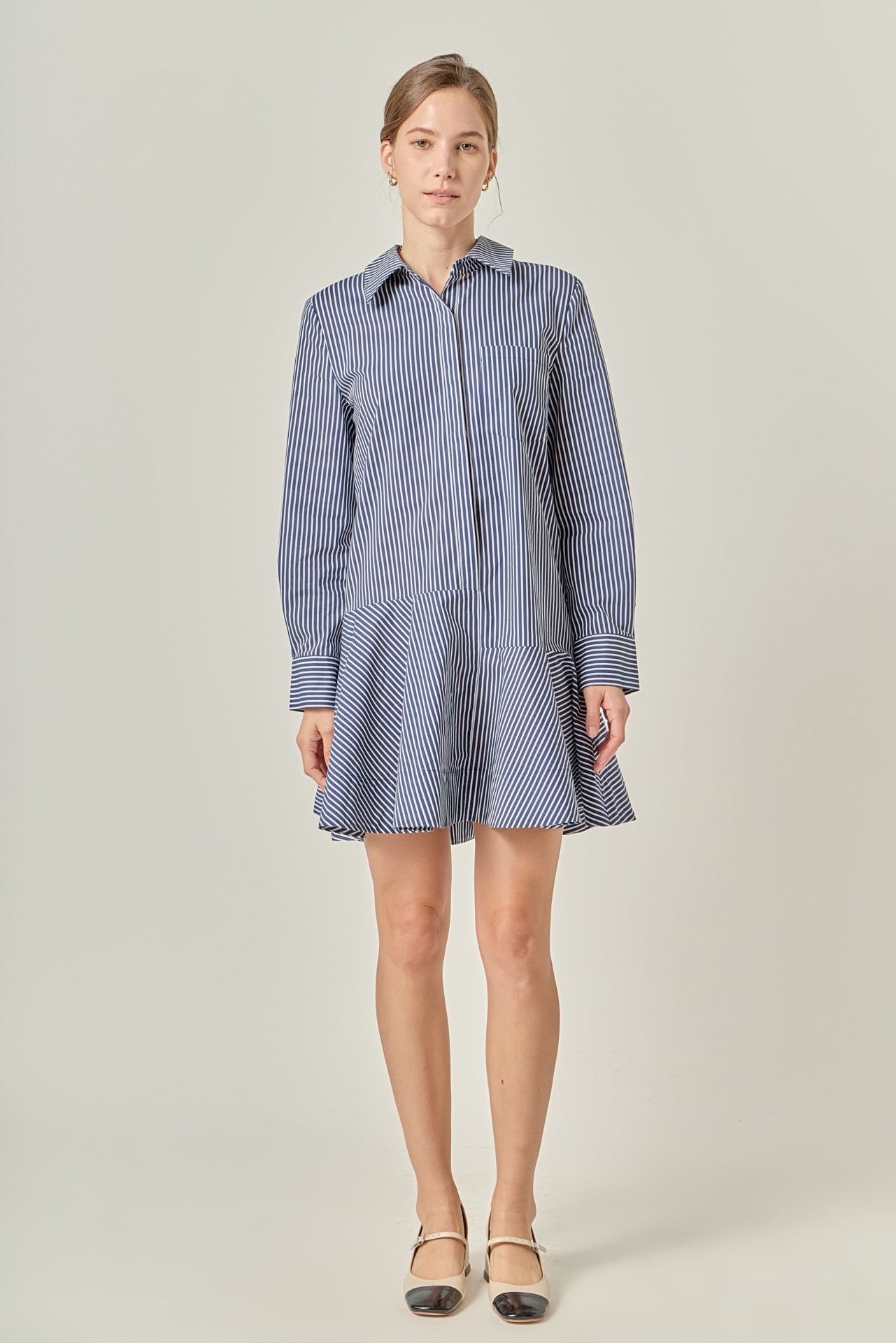 Stripe Collar Flared Skirt Dress