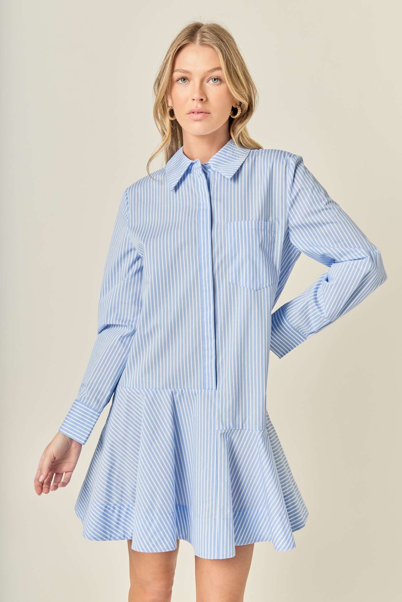 English Factory - Stripe Collar Flared Skirt Dress BURGUNDY / S English Factory - Stripe Collar Flared Skirt Dress BURGUNDY / S