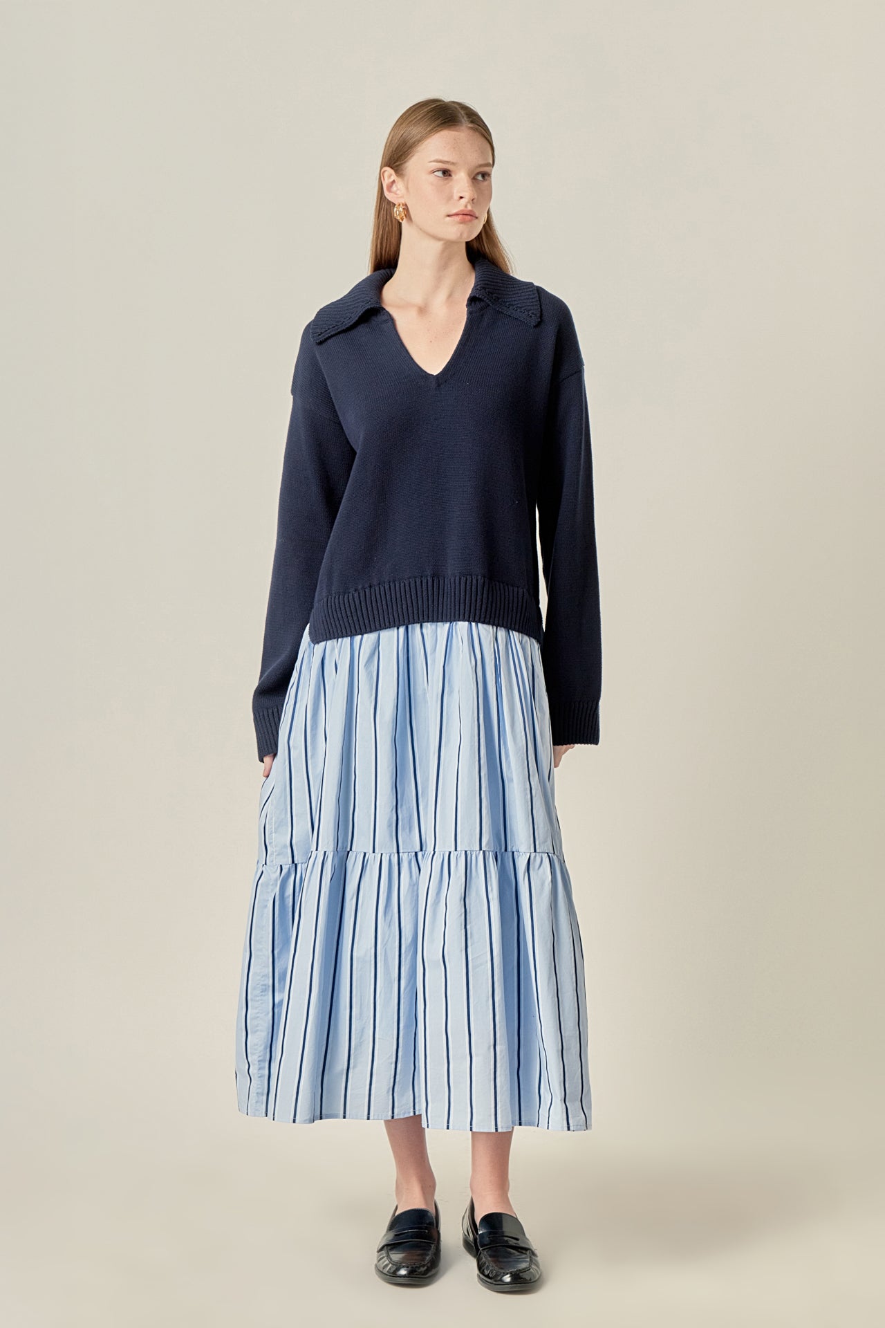 english factory blue dress English Factory Women's Flower Trim Striped Midi Dress