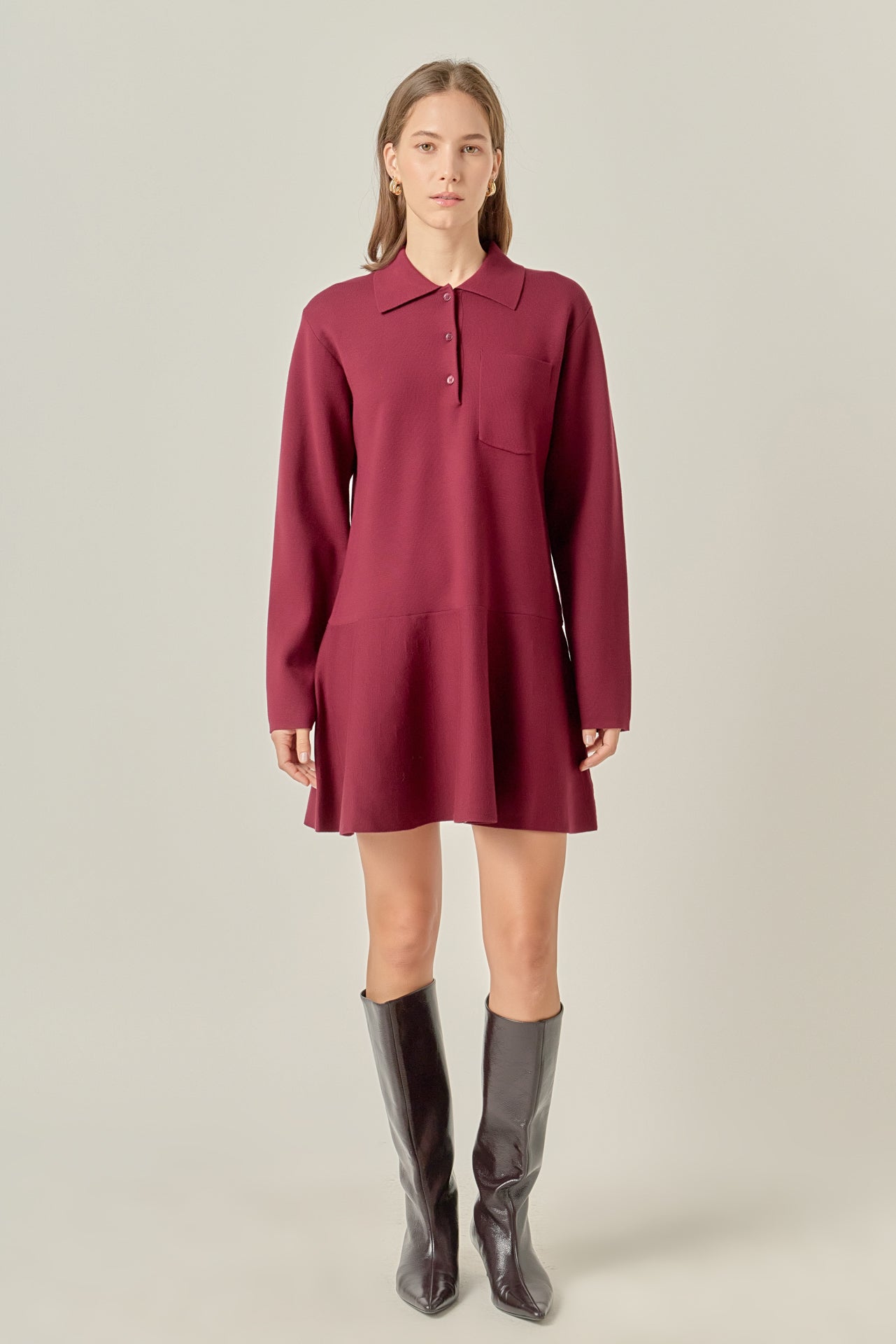 English Factory - Collared Knit Mini Dress Burgundy / S English Factory - Collared Knit Mini Dress Burgundy / S