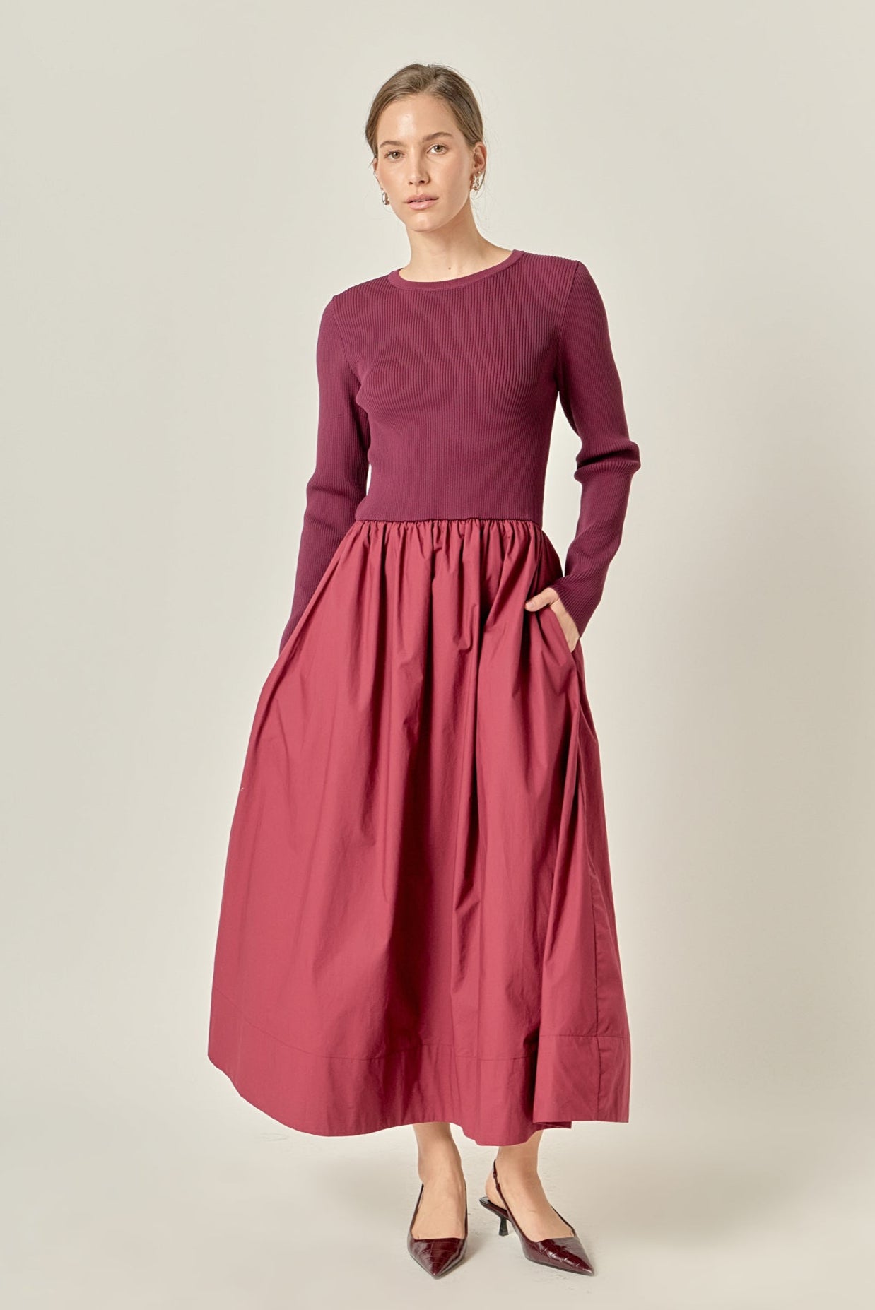 English Factory - The Juliette Mixed Media Maxi Dress MAROON / S English Factory - The Juliette Mixed Media Maxi Dress MAROON / S
