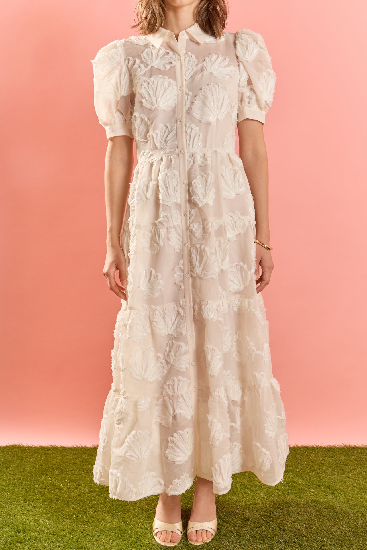 English Factory - Embroidered Shell Midi Shirt Dress White / L English Factory - Embroidered Shell Midi Shirt Dress White / L