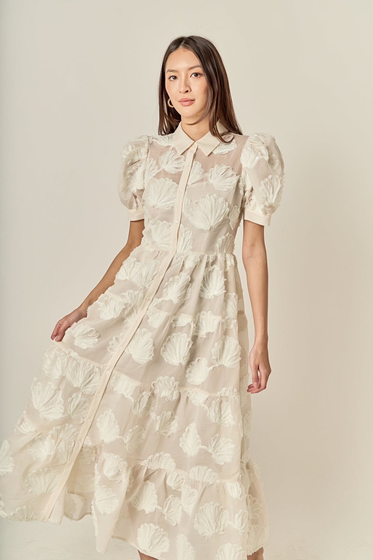 English Factory - Embroidered Shell Midi Shirt Dress White / L English Factory - Embroidered Shell Midi Shirt Dress White / L