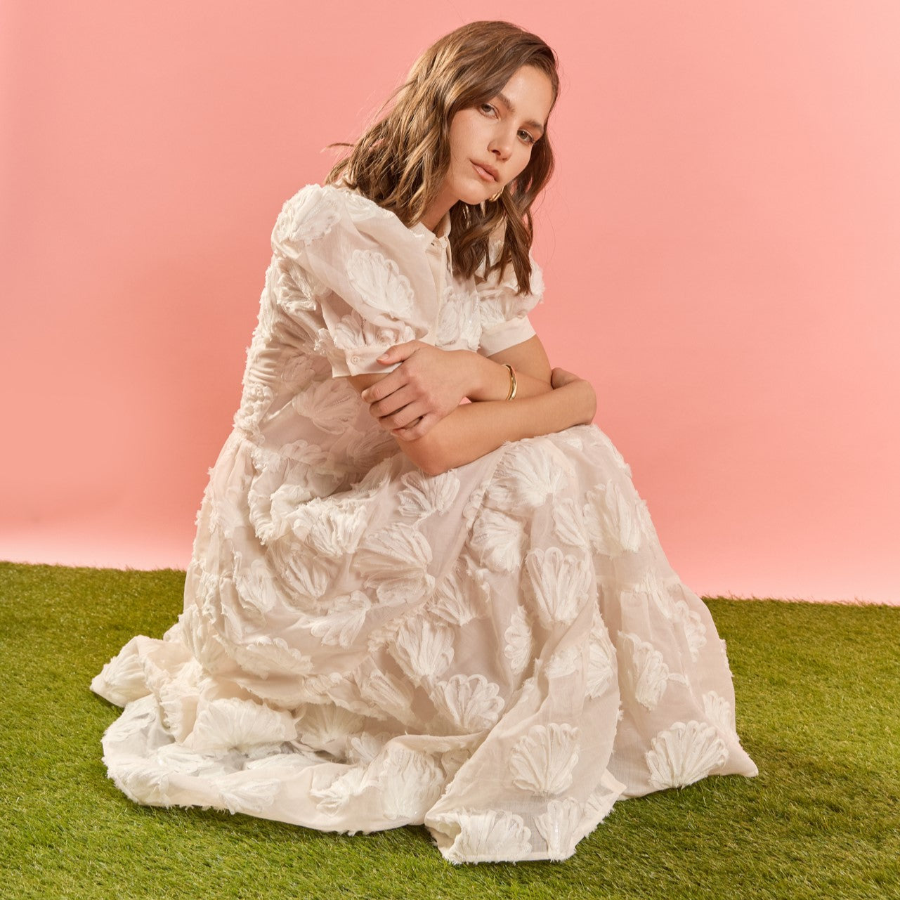 Embroidered Shell Midi Shirt Dress