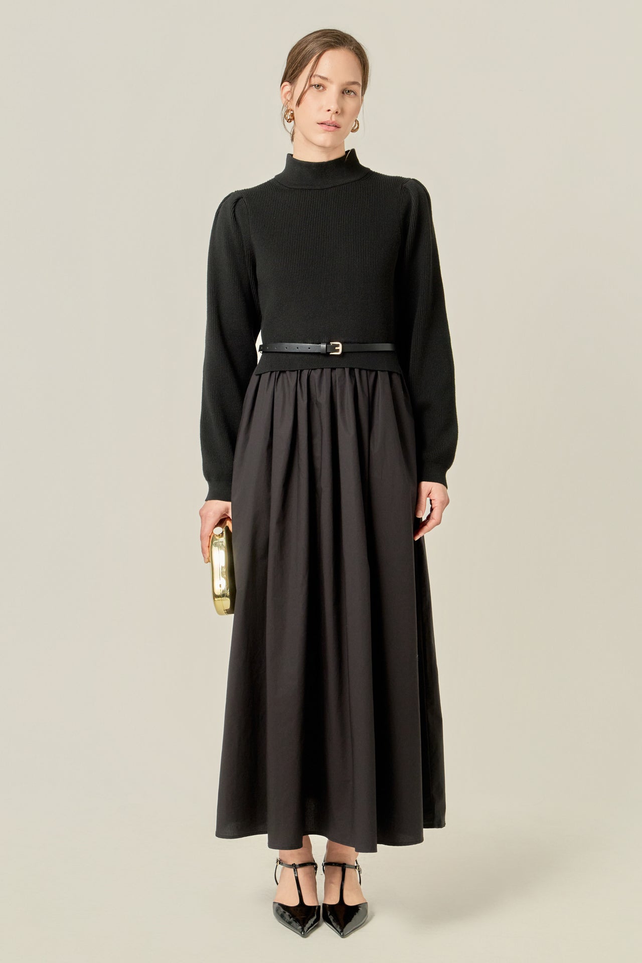 English Factory - Pleated Collared Long Sleeve Midi Dress CAMEL / S English Factory - Pleated Collared Long Sleeve Midi Dress CAMEL / S