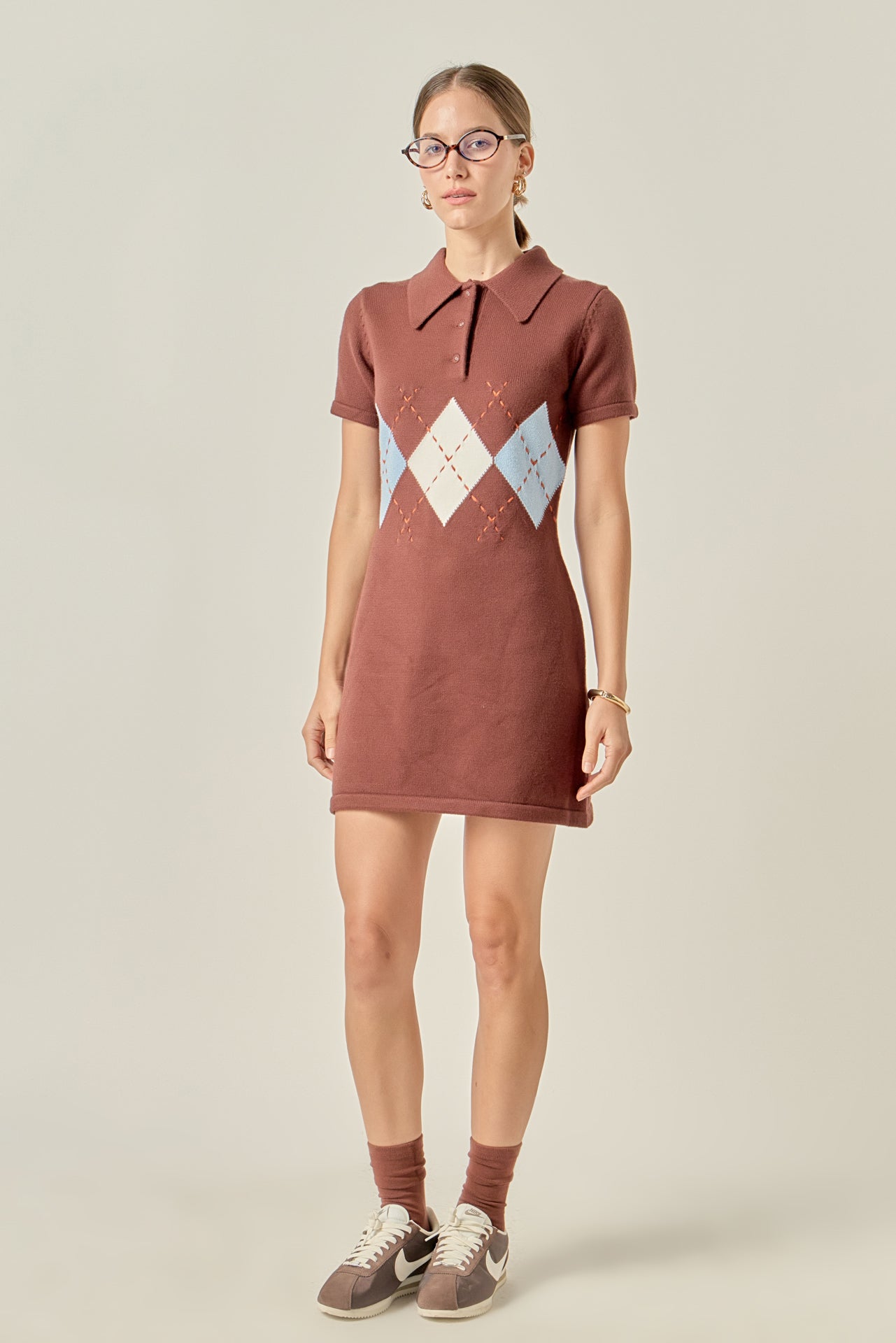 English Factory - Argyle Knit Polo Mini Dress BROWN MULTI / S English Factory - Argyle Knit Polo Mini Dress BROWN MULTI / S