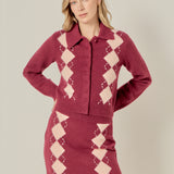 Knit Down Collared Argyle Cardigan