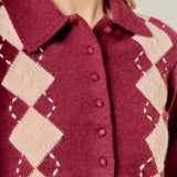 Knit Down Collared Argyle Cardigan