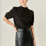 Heart-Embroidered Puff Sleeve Knit
