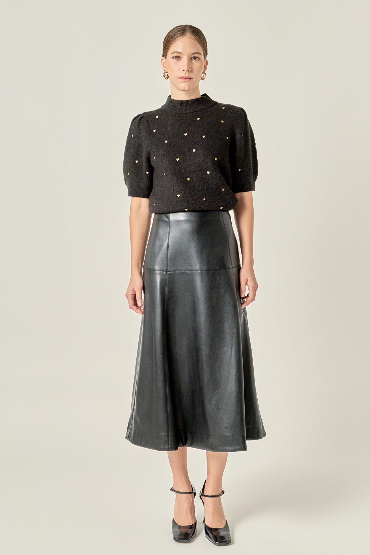 Heart-Embroidered Puff Sleeve Knit
