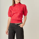 Heart-Embroidered Puff Sleeve Knit