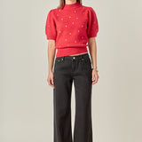 Heart-Embroidered Puff Sleeve Knit