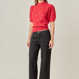 Heart-Embroidered Puff Sleeve Knit