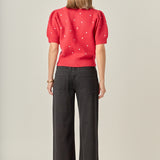 Heart-Embroidered Puff Sleeve Knit