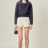 Flower Embroidery Zip Up Knit
