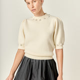 Pearl-Detail Puff Sleeve Knit Top