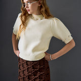 Pearl-Detail Puff Sleeve Knit Top