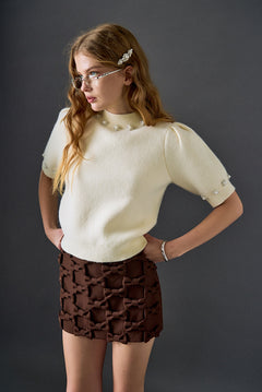 Pearl-Detail Puff Sleeve Knit Top