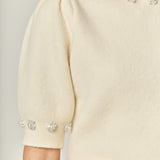 Pearl-Detail Puff Sleeve Knit Top