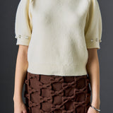 Pearl-Detail Puff Sleeve Knit Top