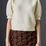 Pearl-Detail Puff Sleeve Knit Top