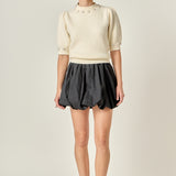 Pearl-Detail Puff Sleeve Knit Top