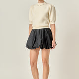 Pearl-Detail Puff Sleeve Knit Top