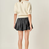 Pearl-Detail Puff Sleeve Knit Top