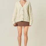 Cable Knit Cardigan with Flower Detail