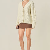 Cable Knit Cardigan with Flower Detail