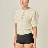 Cable Puff Sleeve Knit with Flower Details