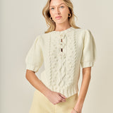 Cable Puff Sleeve Knit with Flower Details